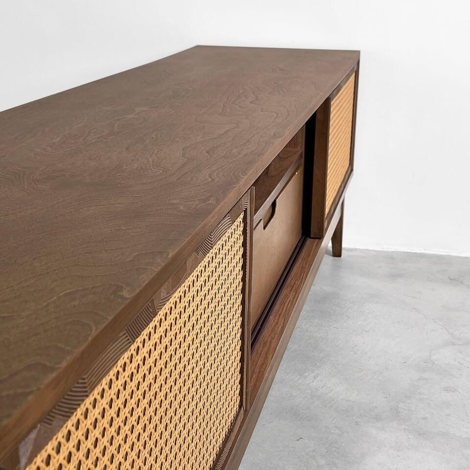 TV Console (Solid Teak Wood + Rattan Panel) - TimberCraft