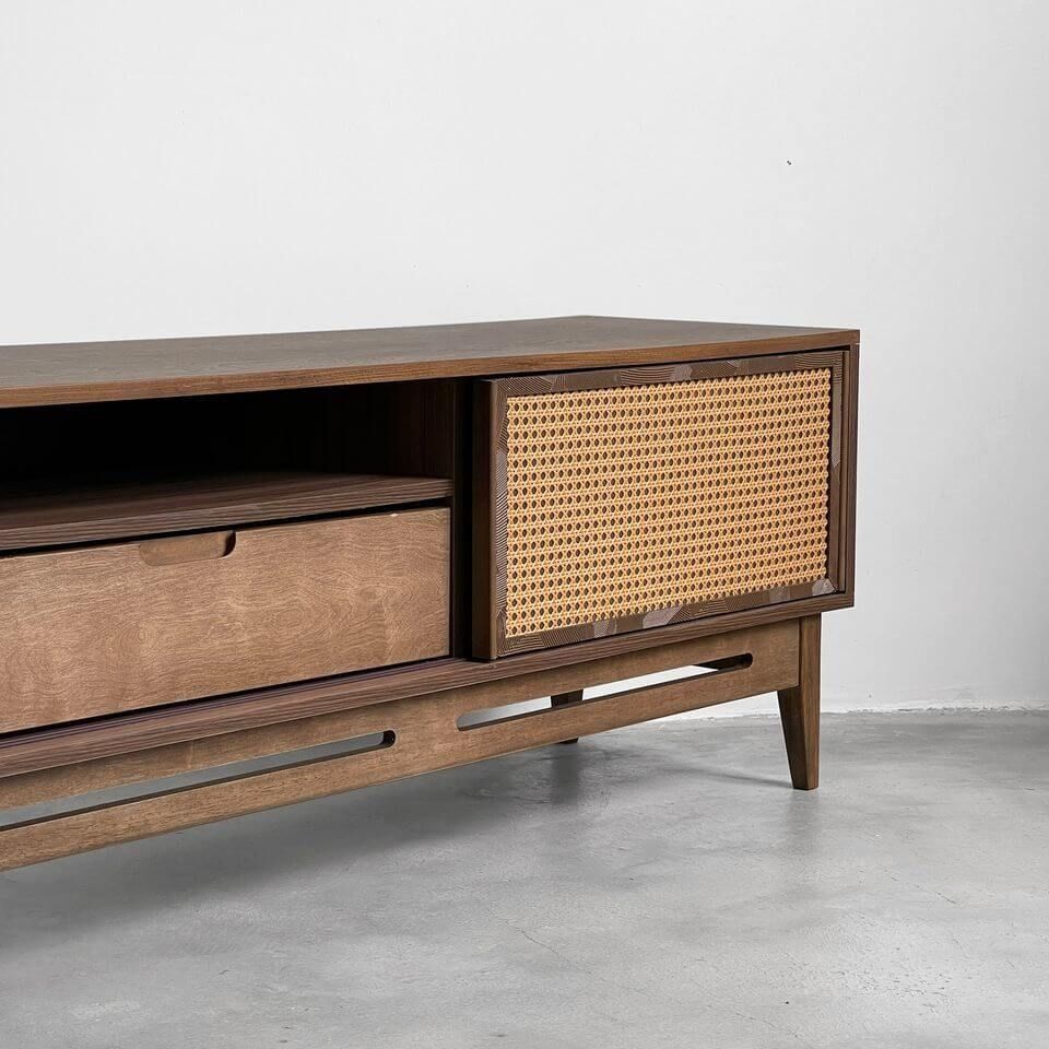 TV Console (Solid Teak Wood + Rattan Panel) - TimberCraft