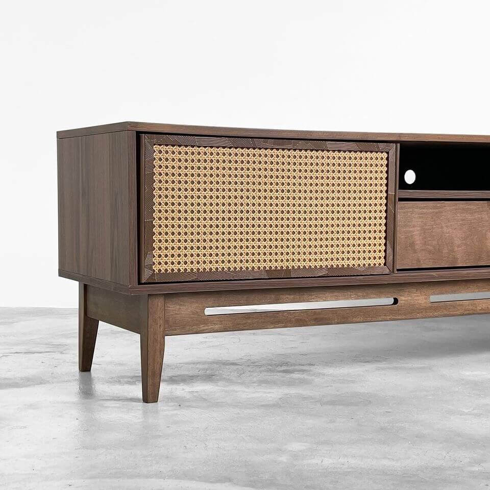 TV Console (Solid Teak Wood + Rattan Panel) - TimberCraft