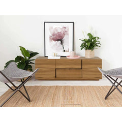 Teak Modern TV Stand consists of 2 built-in pull-out drawers, 2 open-close doors, natural teak finish.