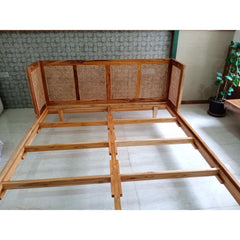 Rattan Wicker headboard teak wood bed with natural cane webbing on headboard.