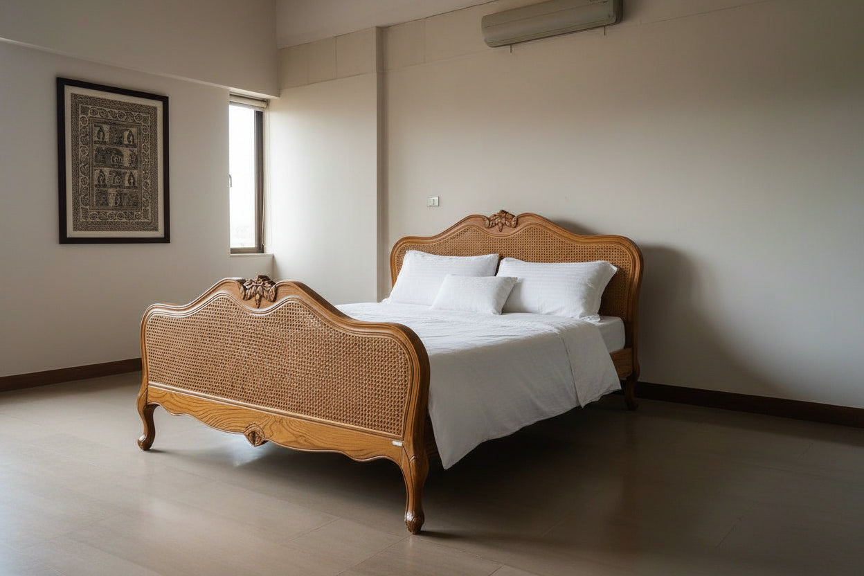 French Style Single Super king Noridc Rustic Antique King Queen Size teak Wooden Rattan Bed - TimberCraft