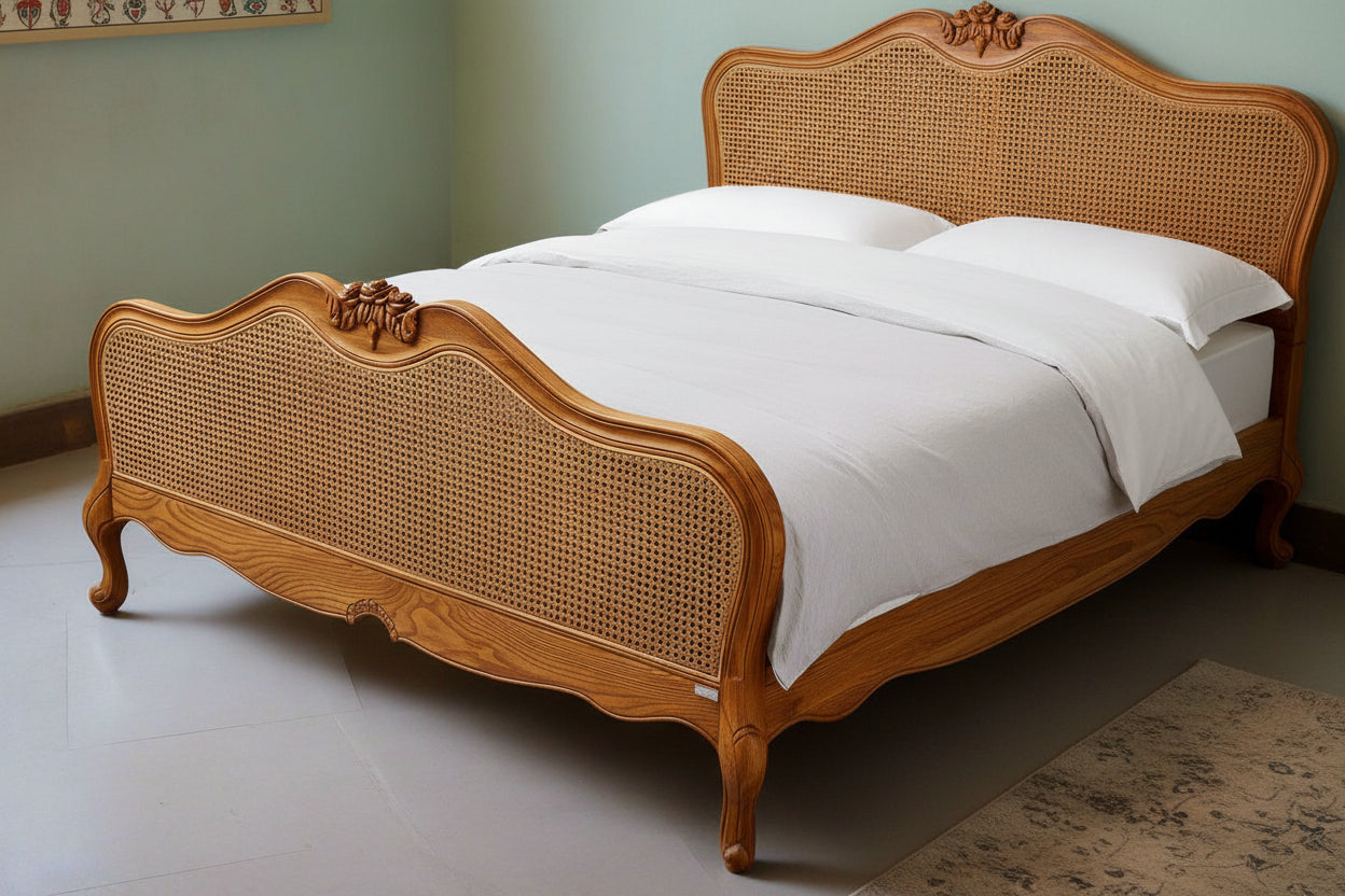 French Style Single Super king Noridc Rustic Antique King Queen Size teak Wooden Rattan Bed - TimberCraft