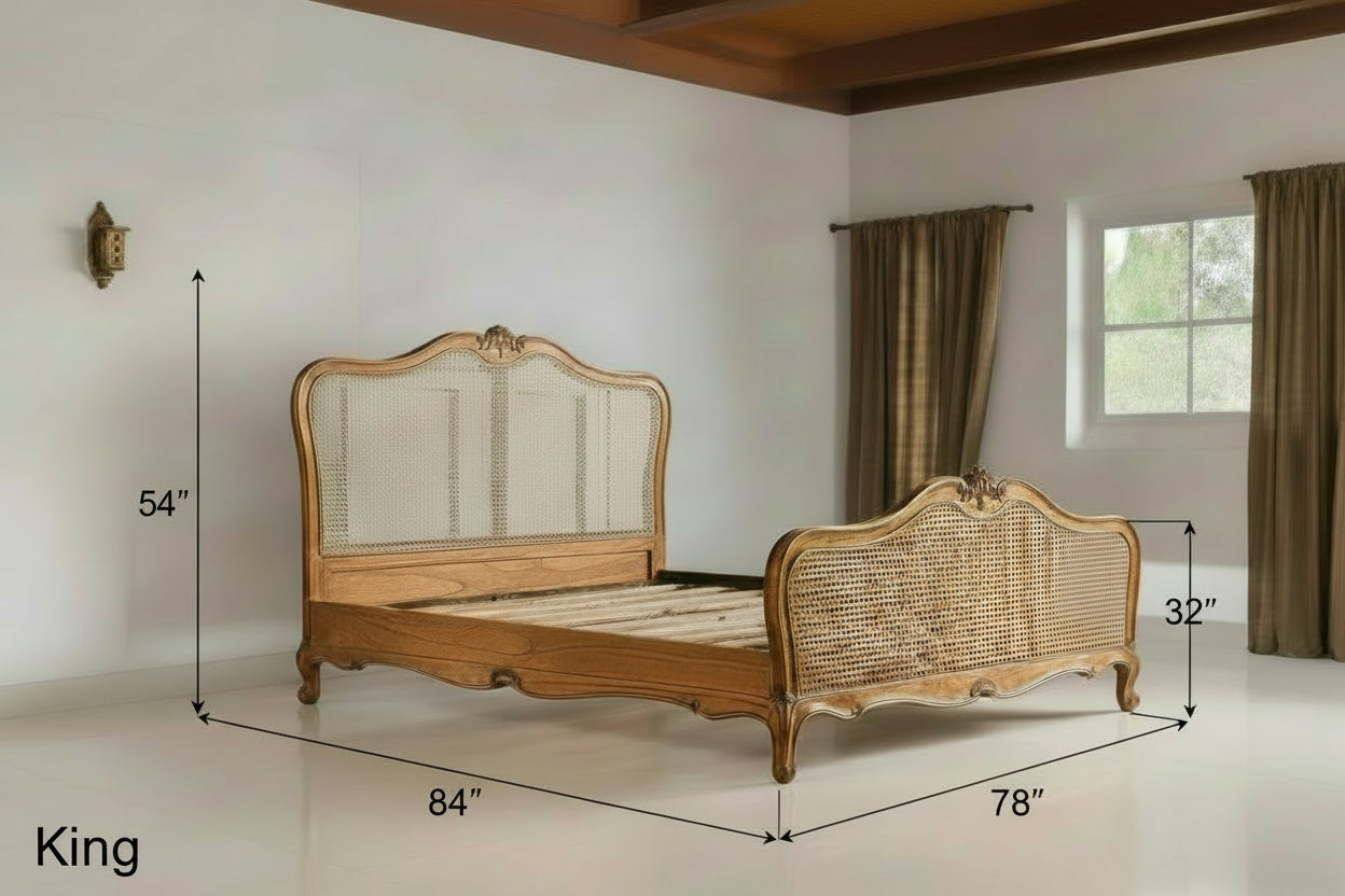 French Style Single Super king Noridc Rustic Antique King Queen Size teak Wooden Rattan Bed - TimberCraft