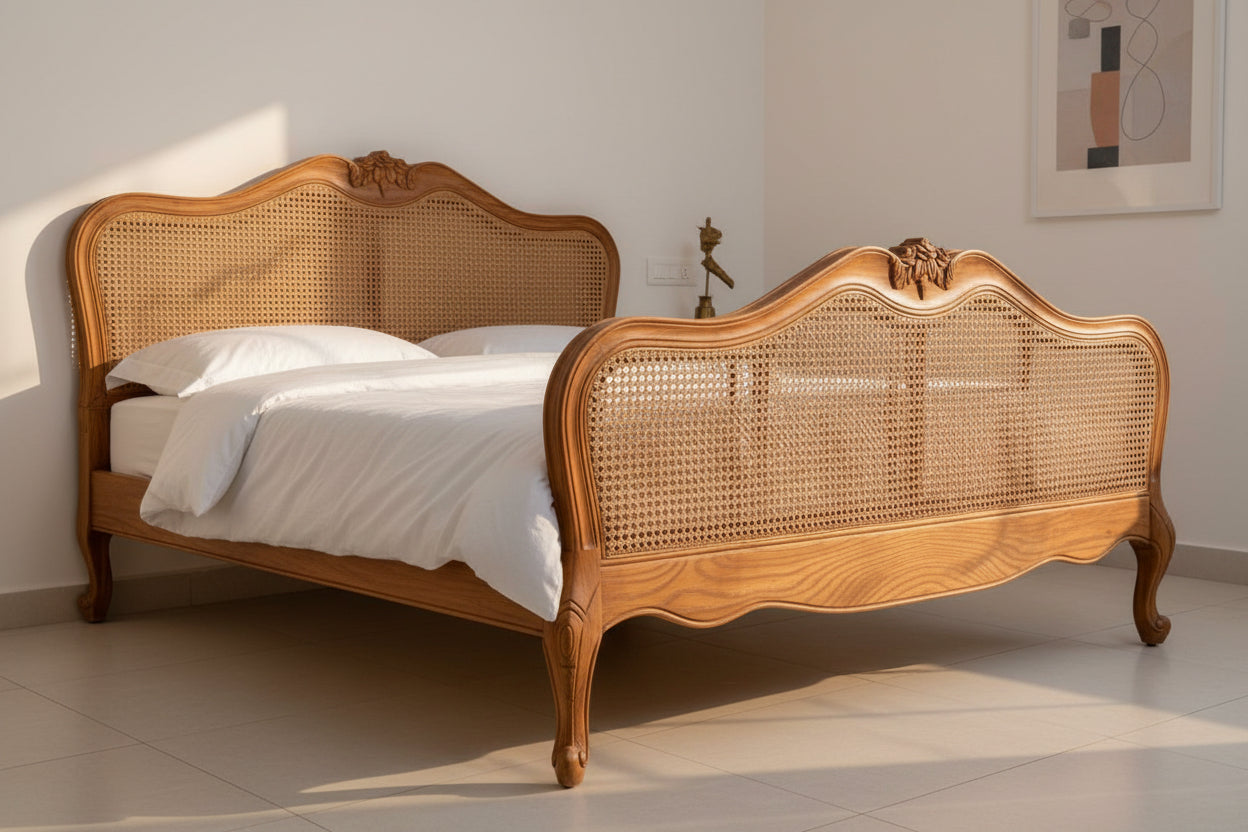 French Style Single Super king Noridc Rustic Antique King Queen Size teak Wooden Rattan Bed - TimberCraft