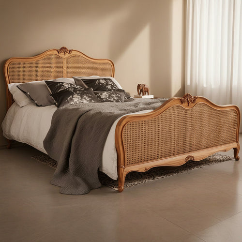 French Style Single Super king Noridc Rustic Antique King Queen Size teak Wooden Rattan Bed - TimberCraft