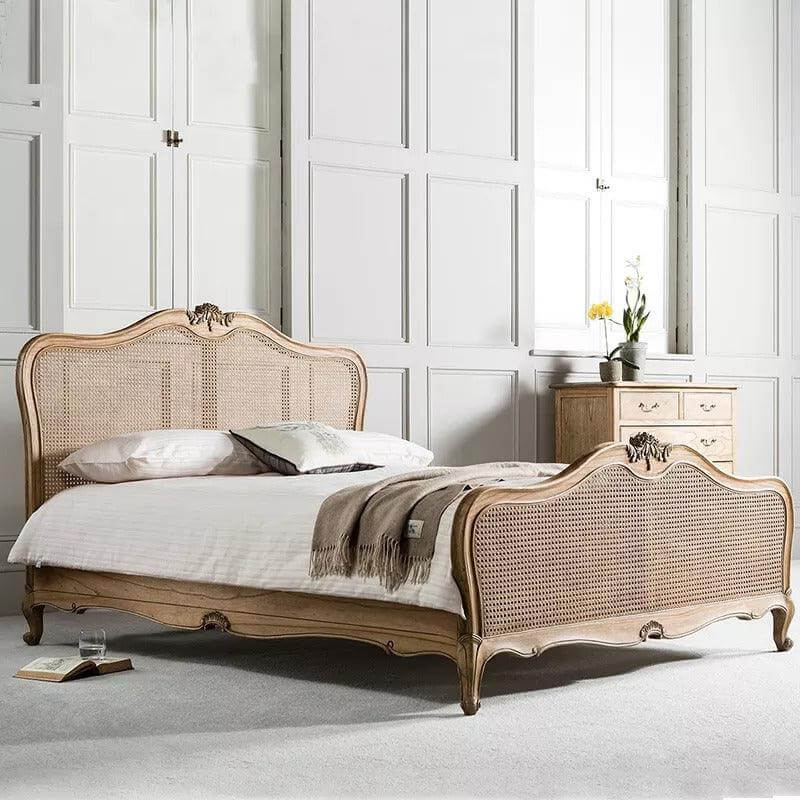 French Style Single Super king Noridc Rustic Antique King Queen Size teak Wooden Rattan Bed - TimberCraft