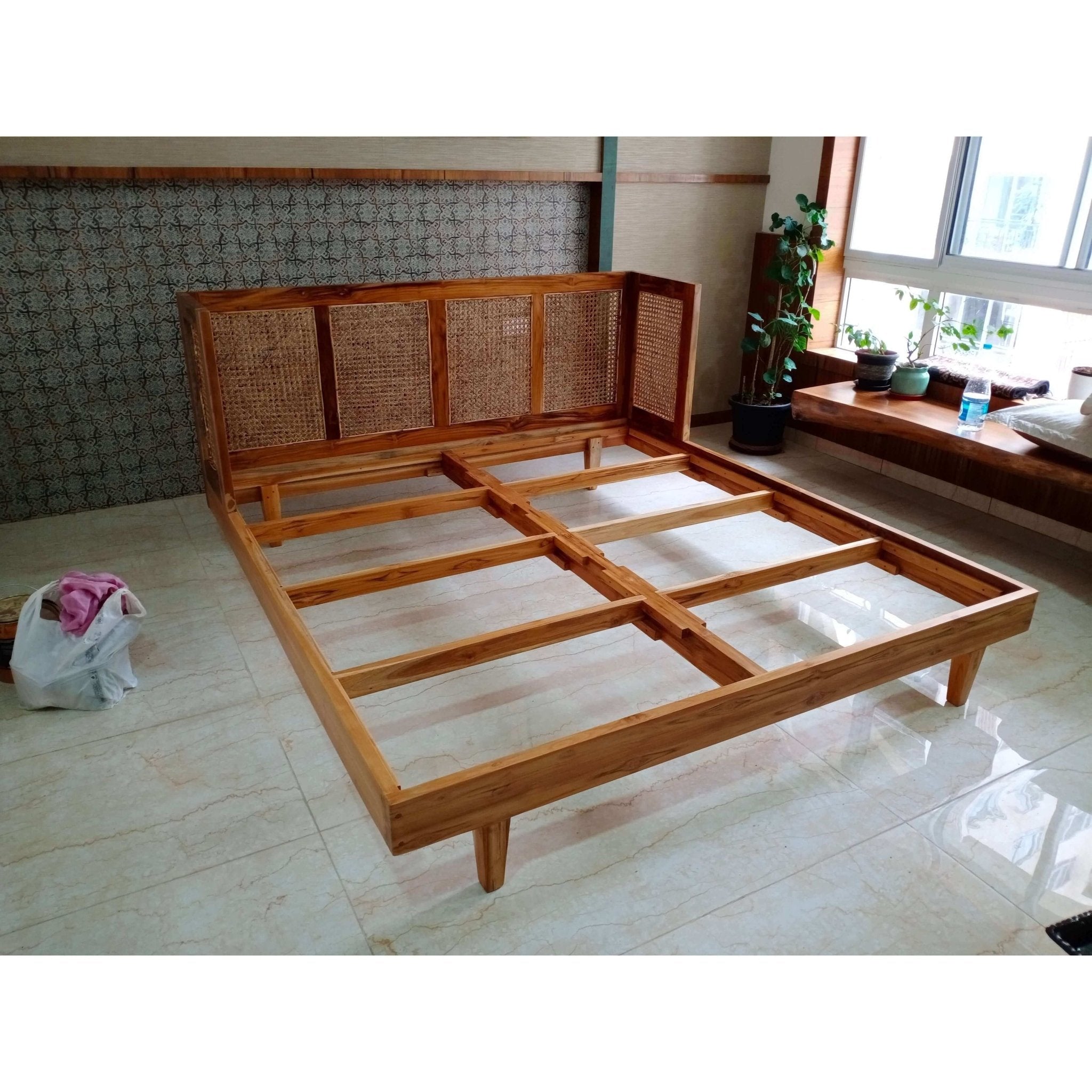 Rattan Wicker headboard teak wood bed TBD - 6001 - TimberCraft