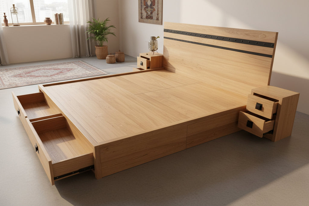 SOLID RUSTIC TEAK WOOD KING SIZE BED FRAME WITH STORAGE - TimberCraft