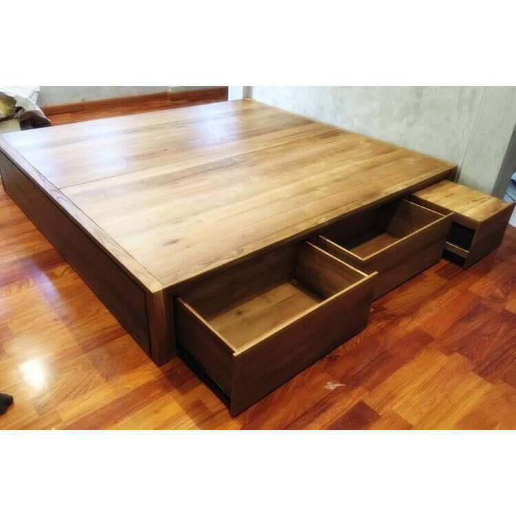 Solid Wood Platform Bed With Inbuilt Bed Side Table - TimberCraft