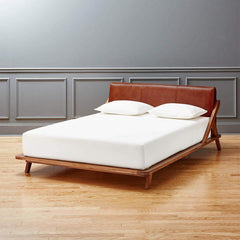Teak Wood Bed With Italian Leather Upholstered Headboard - TimberCraft