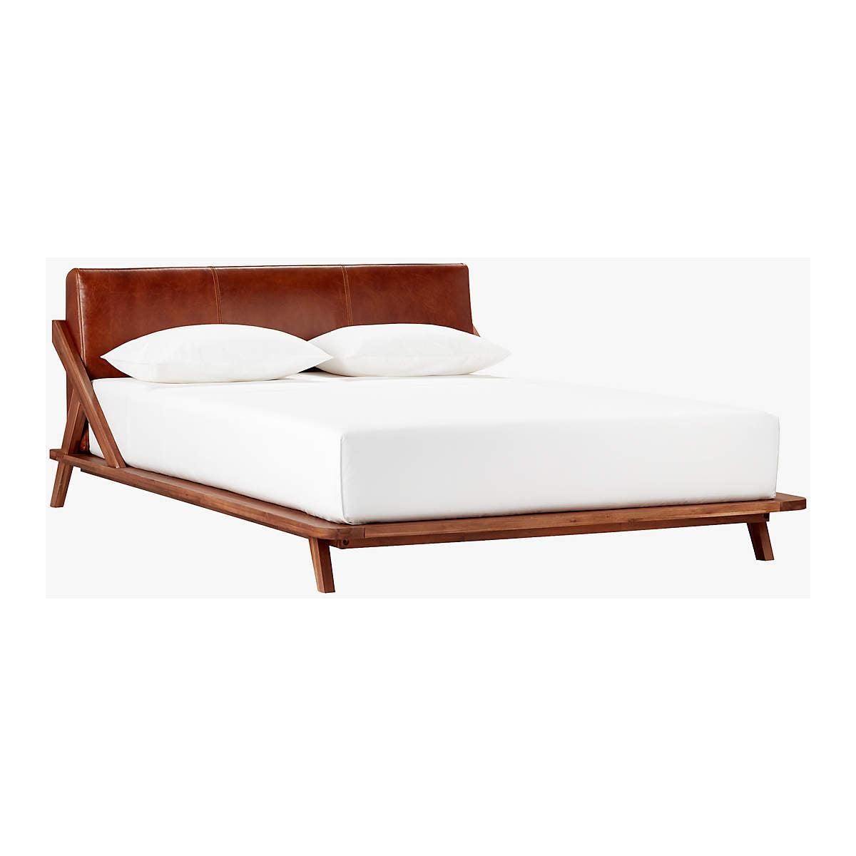 Teak Wood Bed With Italian Leather Upholstered Headboard - TimberCraft